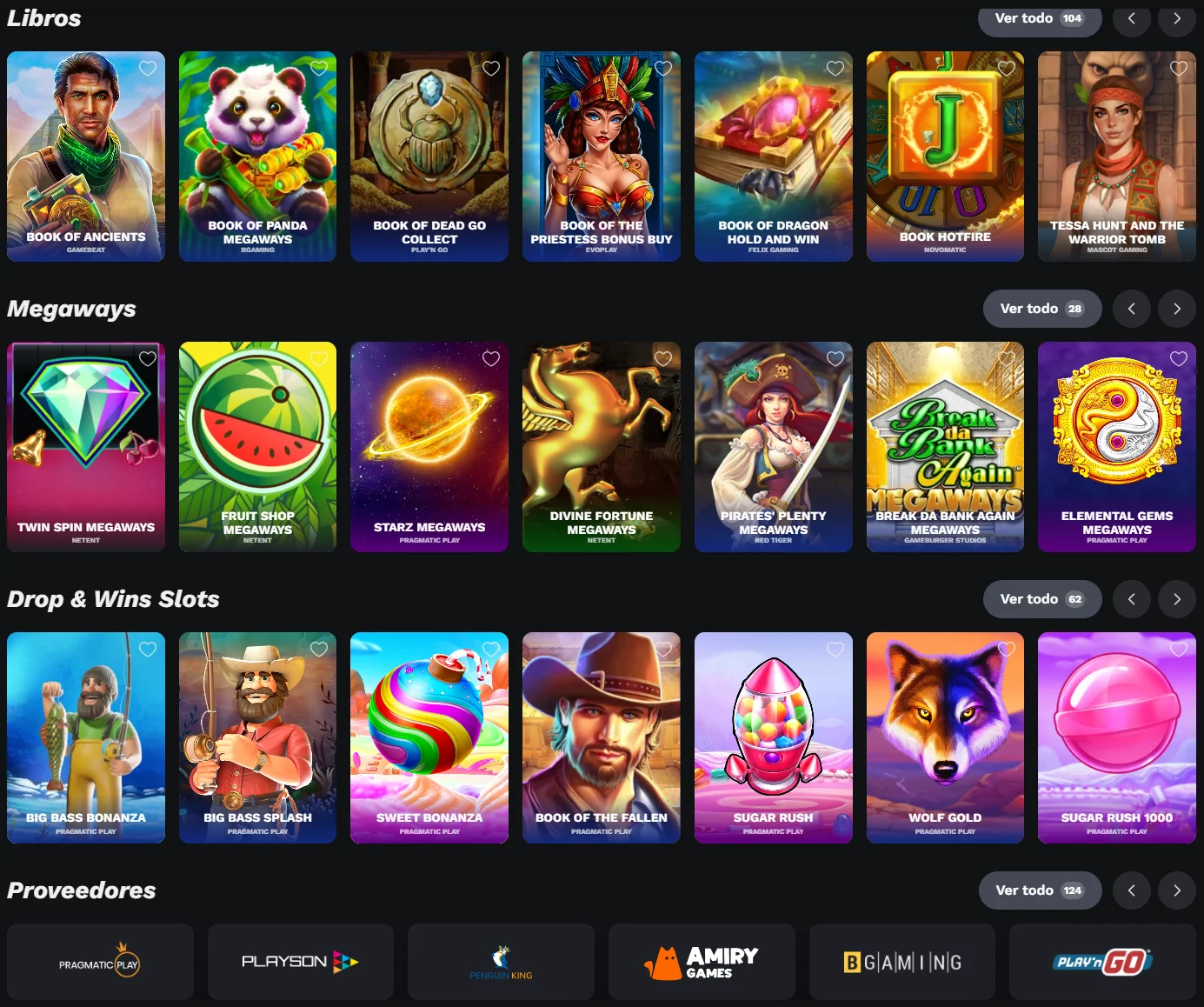Vista del lobby de BetOnRed con juegos, proveedores y categorías