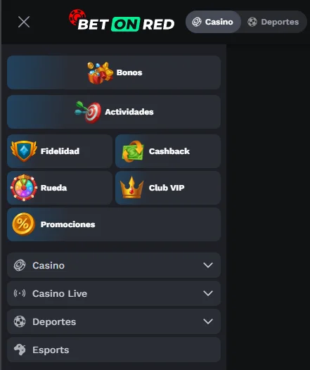 Menú móvil de BetOnRed con centro de ayuda, idioma y aplicación de casino