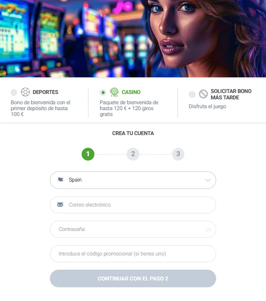 Formulario de registro BetOnRed con selección de casino, correo electrónico y contraseña