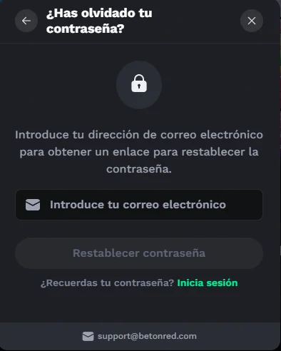 Pantalla para restablecer contraseña en BetOnRed